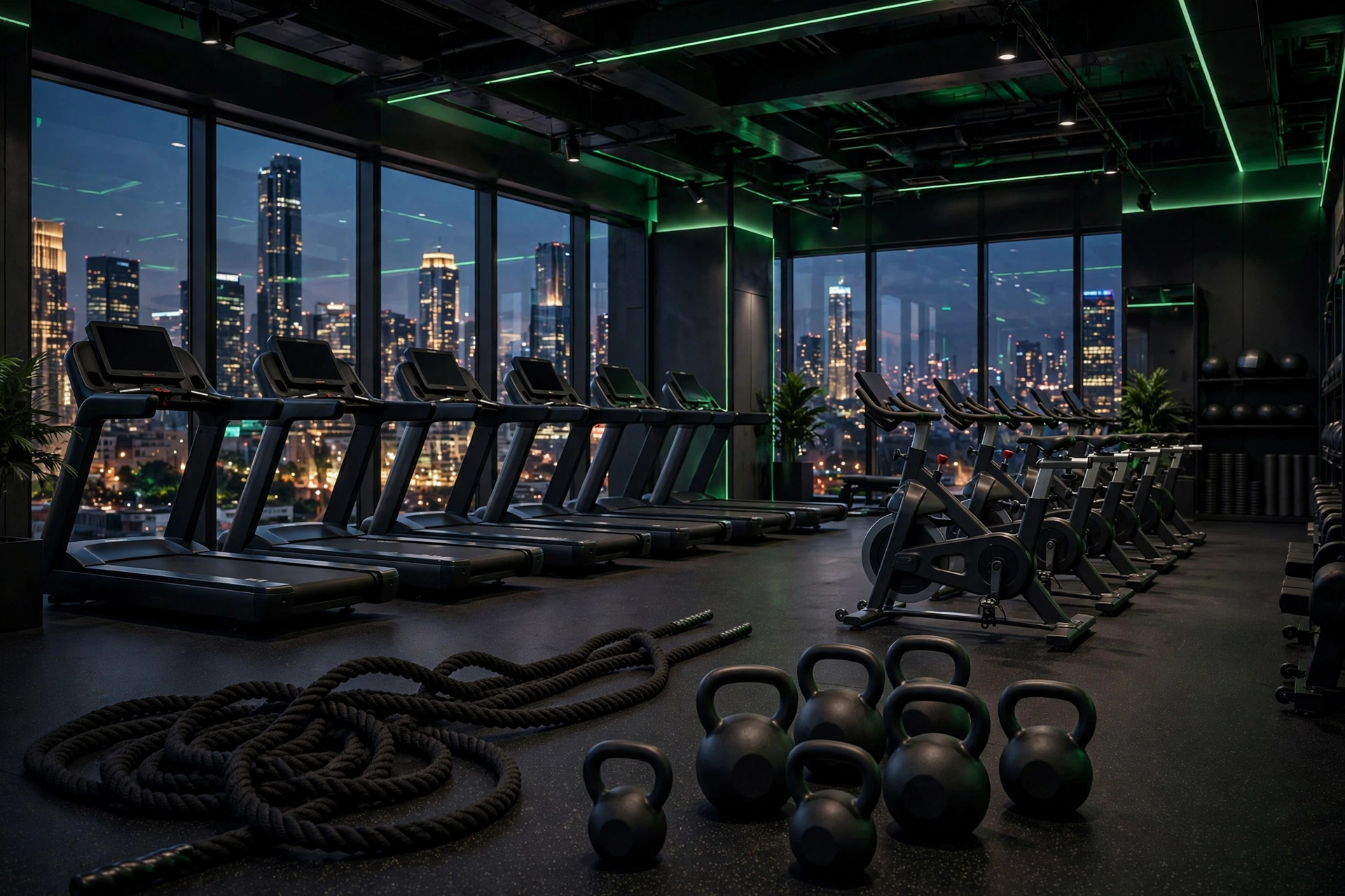 Cardio and functional training area with treadmills and battle ropes