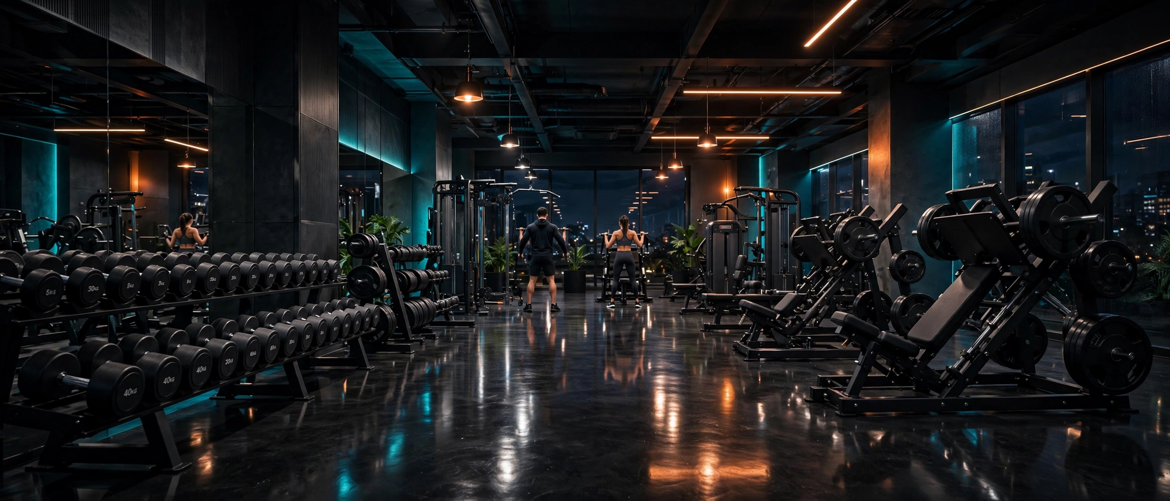 Modern strength training floor of Megh Fitness Club at night