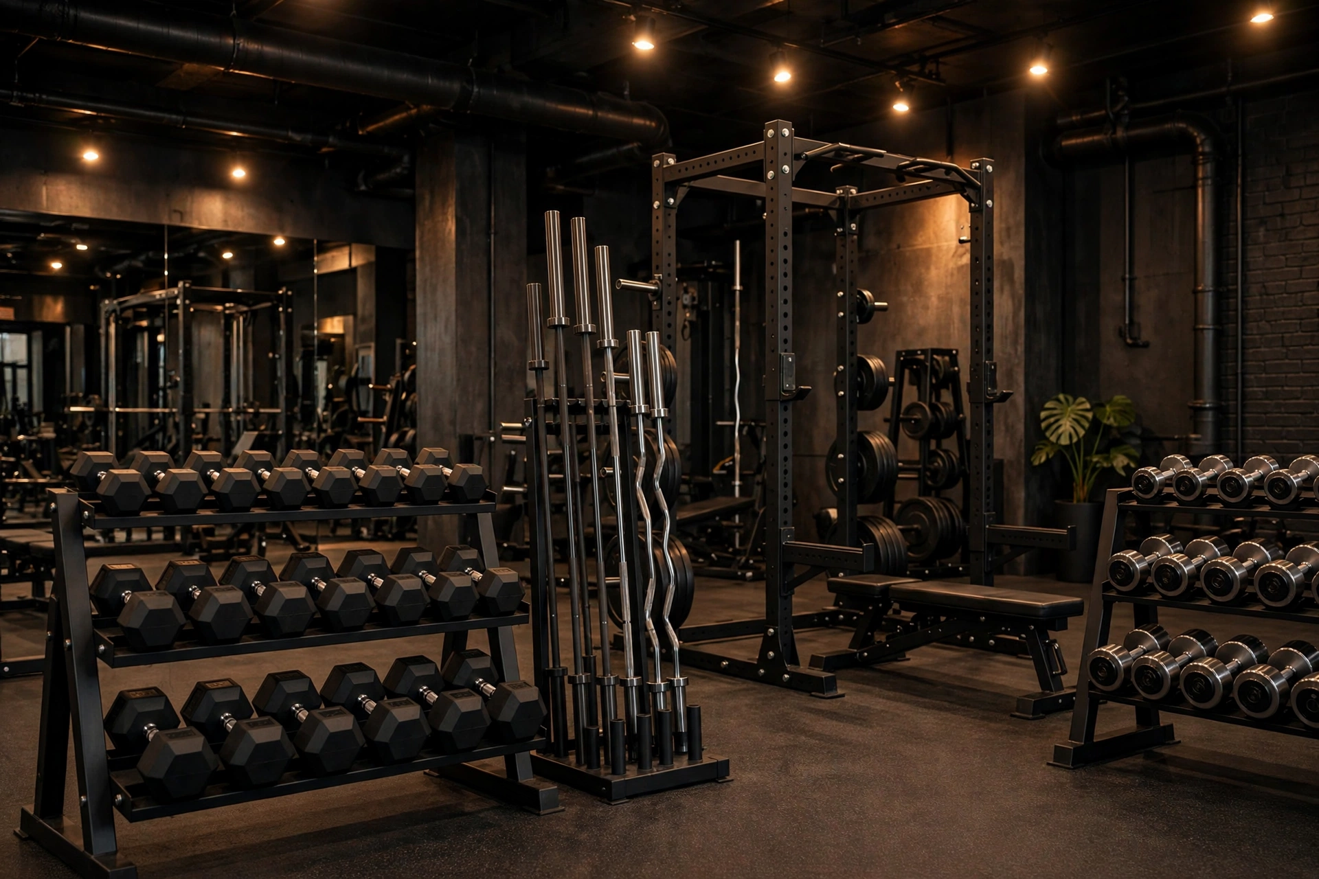 Free-weights strength zone with dumbbell racks and squat rack